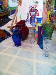 Colorful glass used in painting class at The Left Bank Studio