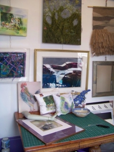 Arrangement of blue artwork at The Left Bank Studio