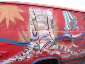 St. Clare mural on red van, by Jo Myers-Walker St. Clare mural on red van, by Jo Myers-Walker