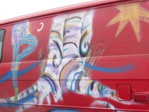 St. Francis mural on red van, by Jo Myers-Walker St. Francis mural on red van, by Jo Myers-Walker