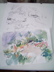 Conservatory at Reiman Gardens - composition sketch and wet sketch by Jo Myers-Walker
