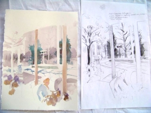 March, viewed through Reiman Gardens windows (watercolor painting in progress)