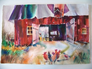 Watercolor chickens in front of barn by Jo Myers-Walker