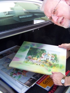 Steve Peters with trunkload of art