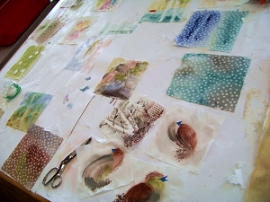 Fabric painting technique samples by Jo Myers-Walker