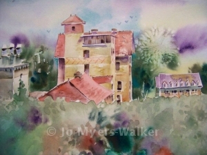 Seashore Hall at University of Iowa, watercolor painting by Jo Myers-Walker