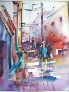 Alley en route to frozen yogurt shop, watercolor painting by Jo Myers-Walker