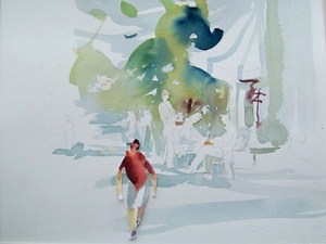 Unfinished painting of a restaurant on the ped mall