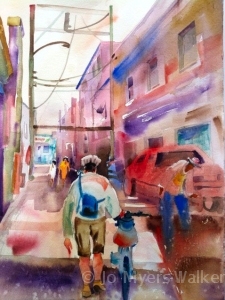 Watercolor painting of Iowa City alleyway by Jo Myers-Walker