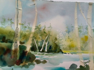 In-progress watercolor painting of the Iowa River at Iowa City by Jo Myers-Walker
