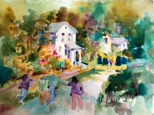 Watercolor painting of neighborhood scene by Jo Myers-Walker