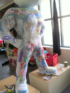 Herky on Parade 2 statue painted by Jo Myers-Walker, shown in progress