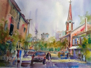 Watercolor painting of Linn St. in Iowa City, by Jo Myers-Walker