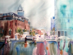 Partially completed watercolor painting of Linn St. in the rain by Jo Myers-Walker
