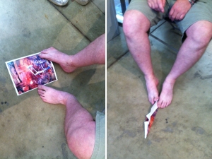 Paper airplane being folded using only feet and toes