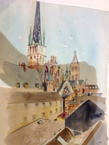 Watercolor painting of Rouen rooftops by Jo Myers-Walker