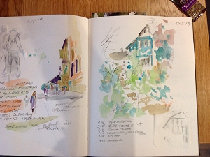 Pages in Jo Myers-Walker's Rouen sketchbook