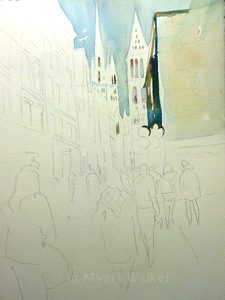 Walking Home in Rouen, start of the painting by Jo Myers-Walker