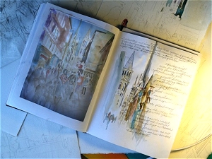 Walking home in Rouen, scene in Jo Myers-Walker's sketchbook