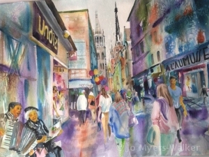 Saturday Night in Rouen, watercolor painting by Jo Myers-Walker