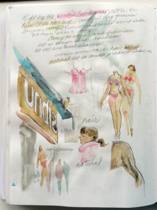Page from Jo Myers-Walker's sketchbook showing Undiz store in Rouen