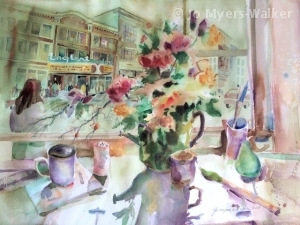 Watercolor painting of the Englert Theater viewed through a window across the street