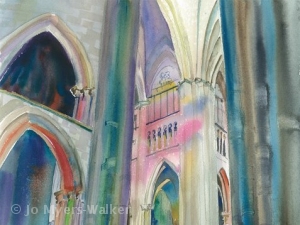 Detail of watercolor painting of Rouen Cathedral interior by Jo Myers-Walker