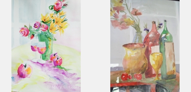 Students' watercolor paintings of still life from workshop at Summerset Winery