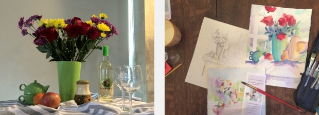 Still life tableau, sketch and paintings from workshop at Summerset Winery, Indianola, IA