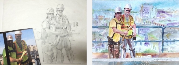 Sketch and watercolor painting of high-rise window installers over downtown Iowa City, by Jo Myers-Walker