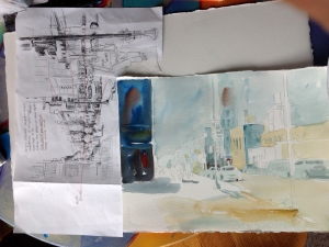 Sketch and beginning of Iowa City street scene watercolor by Jo Myers-Walker