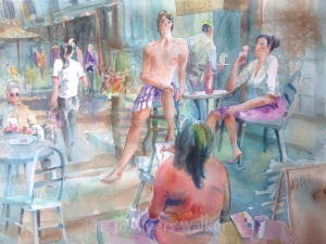 Watercolor painting of life drawing models imagined at a sidewalk cafe, by Jo Myers-Walker