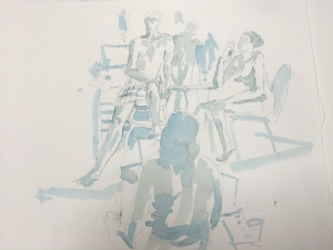 Watercolor sketch/value study of models at a life drawing workshop