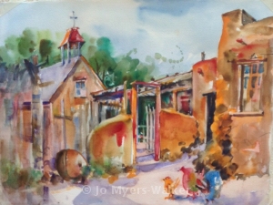 Completed watercolor painting of El Rancho de las Golondrinas by Jo Myers-Walker