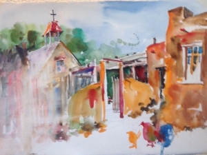 Watercolor painting of El Rancho de las Golondrinas with a section washed out to re-do