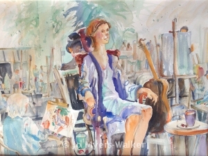 Watercolor painting of scene at artsBASICS fundraiser by Jo Myers-Walker