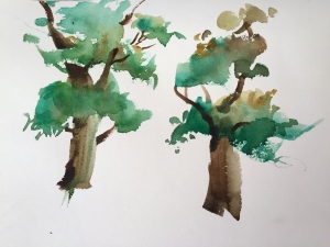Demonstration of adding foliage to painting of trees, watercolor by Jo Myers-Walker