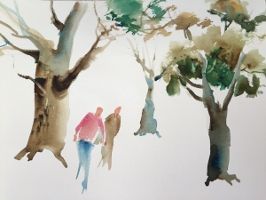 Demonstration of adding figures to painting of trees, watercolor by Jo Myers-Walker