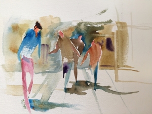 Demonstration of figures gesturing in a street scene, watercolor by Jo Myers-Walker