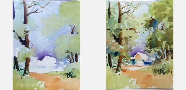 In-progress paintings of cabin in the woods by Jo Myers-Walker to demonstrate layering