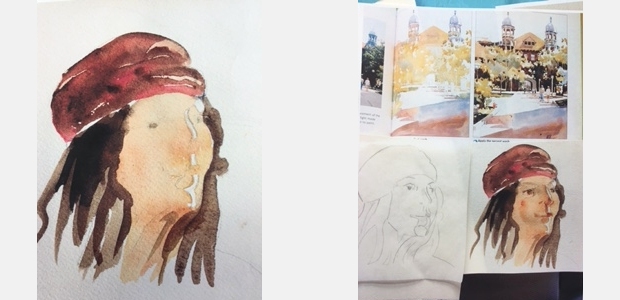 Photos of watercolor paintings in progress illustrate the use of layers