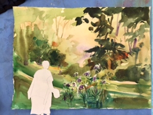 Paper doll laid on top of painting in progress to experiment with placement