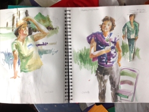 Watercolor sketches of people in the sunlight
