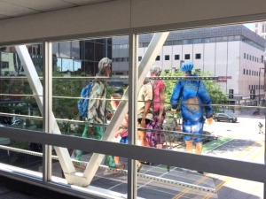 One of the eight sculpture panels by Jo Myers-Walker seen from inside the Cedar Rapids skywalk