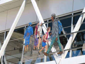 One of the eight sculpture panels by Jo Myers-Walker seen from outside the Cedar Rapids skywalk
