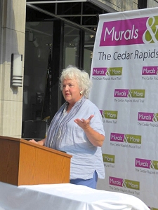 Jo Myers-Walker speaking at the reveal of artwork installed on Cedar Rapids skywalk