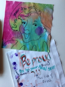 Quilt square with empowering message, and a sample square showing different painting techniques
