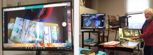 Jo Myers-Walker demonstrates watercolor techniques using an improvised video setup