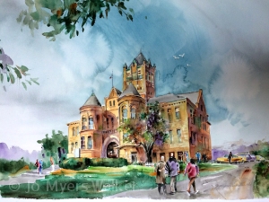 Watercolor painting of the Johnson County Courthouse in Iowa City, Iowa, by artist Jo Myers-Walker