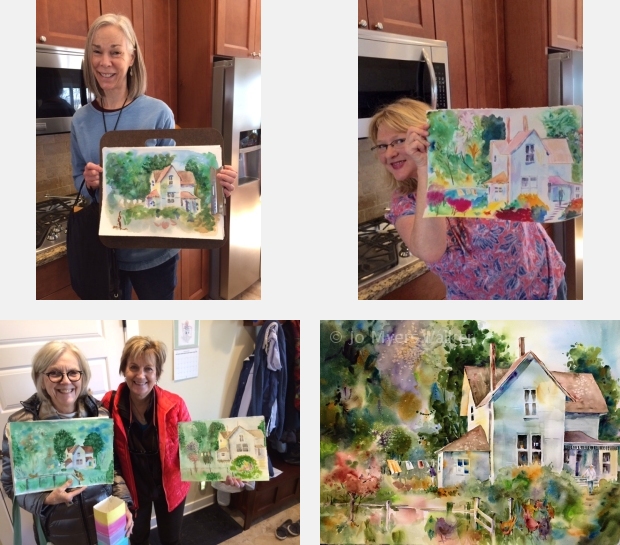 Artists at a watercolor workshop show their work